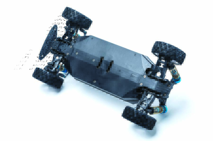 The XV-02’s slick tub chassis is perfect for the rough terrain on an RC rally course.