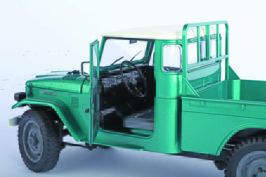 The FJ45’s interior is furnished with fully realized seats and a realistic steering wheel.
