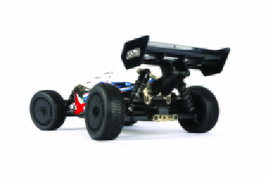 These TLR Tuned shock towers accommodate TLR Tuned aluminum oil-filled shocks and EXB (Extreme Bash) shock stand-offs.