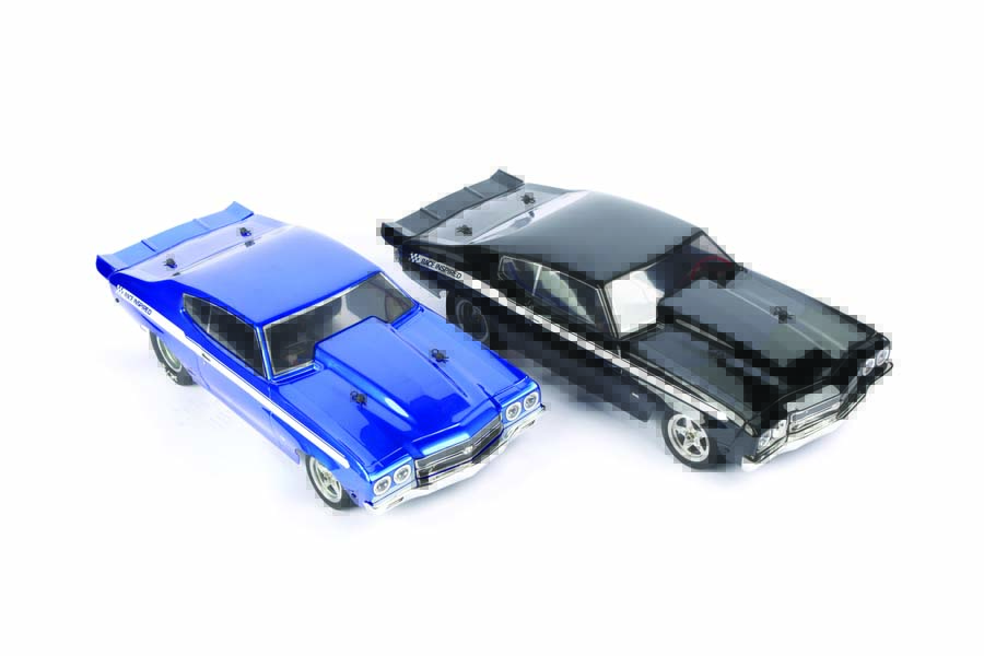 The Chevelle is available in both a bright blue metallic and a deep gloss-black paint job.