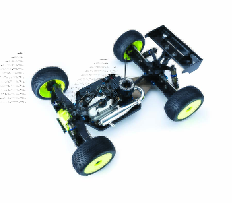 Team Associated updated the RC8T4 with 8° steering blocks to reduce KPI and balance out the handling characteristics of the truggy.