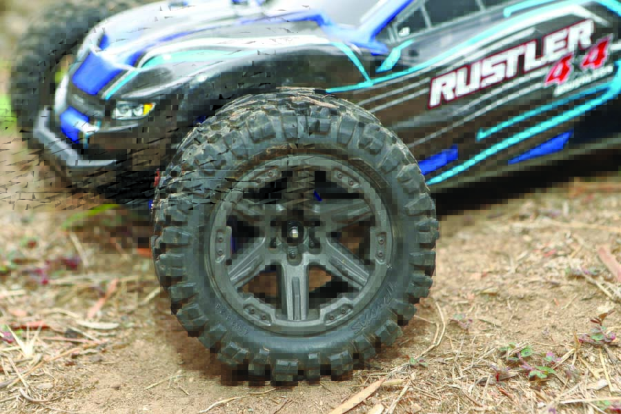 Terrain-gripping traction is provided by 2.8” Gray RXT wheels and Talon EXT tires with foam inserts.